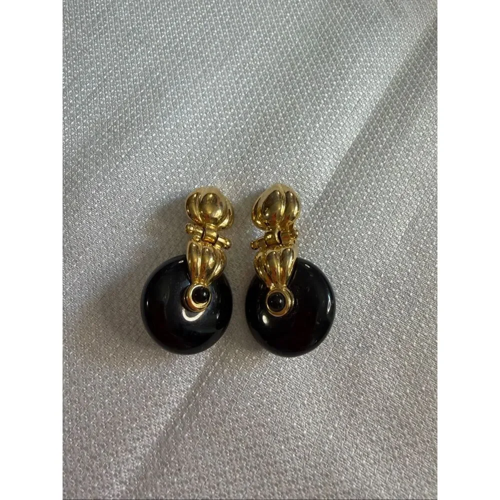 Joan Rivers Door Knocker Clip On Earrings Gold Tone Black Disc Vintage Signed